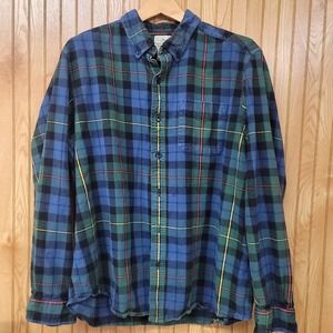 Classic LL Bean Mens Traditional Fit Flannel Shirt Blue Green Plaid Sz L
